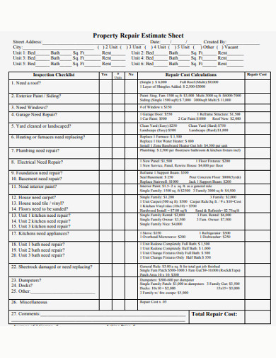 Property Repair Estimate Sheet