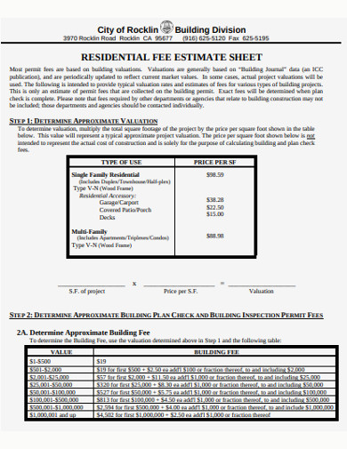 Residental Fee Estimate Sheet