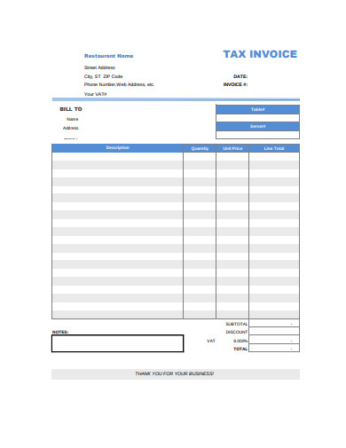restaurant tax invoice template