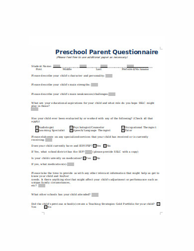 sample preschool questionnaire