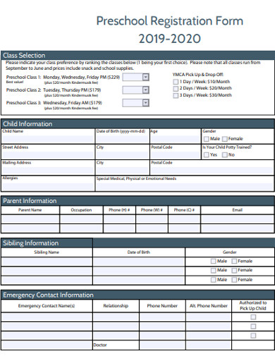 sample preschool registration form example 