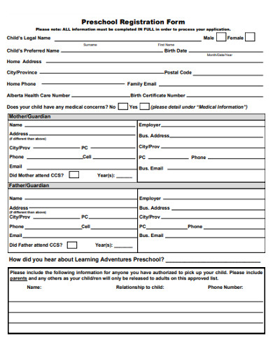 sample preschool registration form
