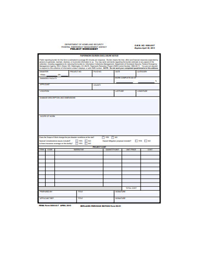 sample project worksheet template