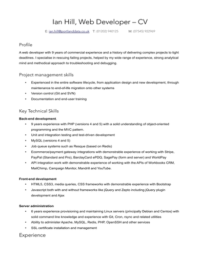 skill based resume for web developers