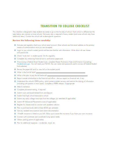 transition college checklist