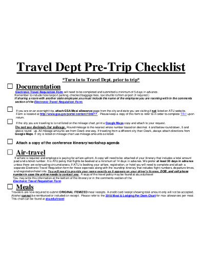 travel dept pretrip itinerary checklist 