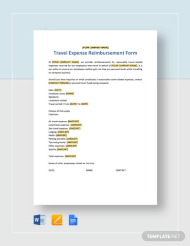 Travel Expense Reimbursement Form Template