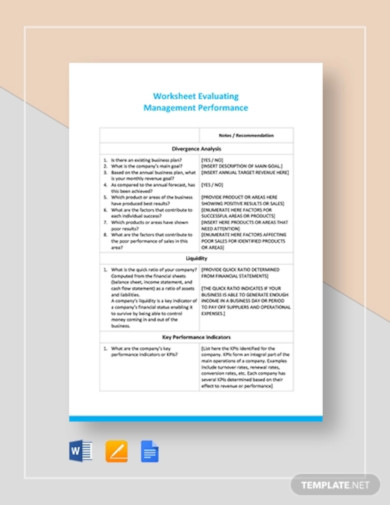 Worksheet on Evaluating Management Performance Template