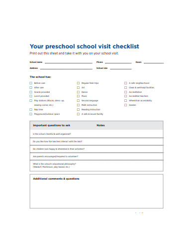 preschool visit checklist