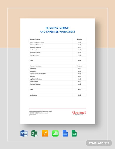 business income expenses worksheet template
