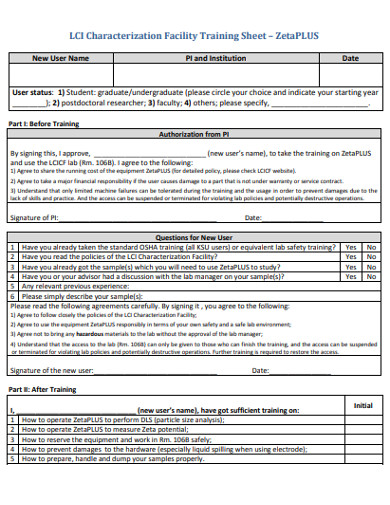 characterization facility training sheet example