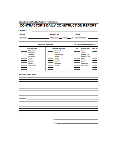 Contactors Daily Constraction Report Example
