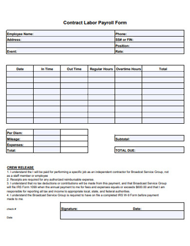 contract labor payroll form example