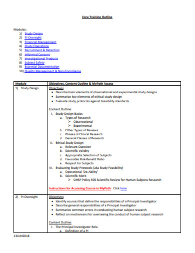 Training Outline 18 Examples Format Pdf   Core Training Outline 