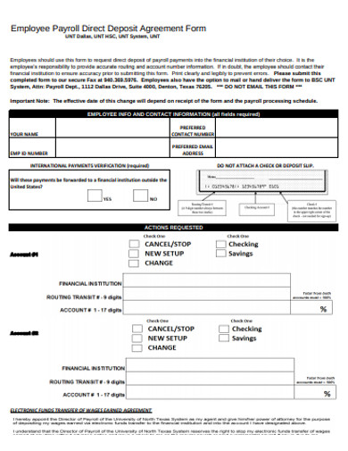 employee payroll direct deposit agreement form
