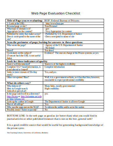 evaluation checklist example in doc
