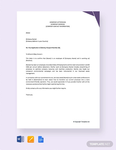 free employee reference letter for visa