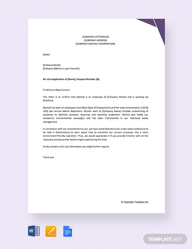 Free Employee Reference Letter for Visa