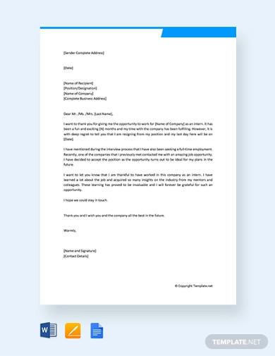 free training internship resignation letter