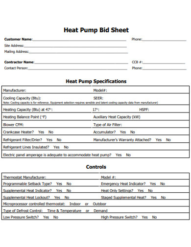 heat pump bid sheet