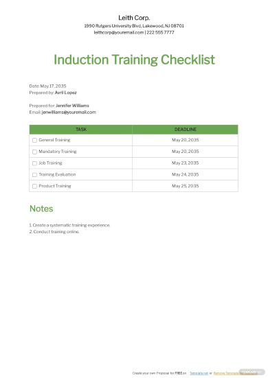 induction training checklist template