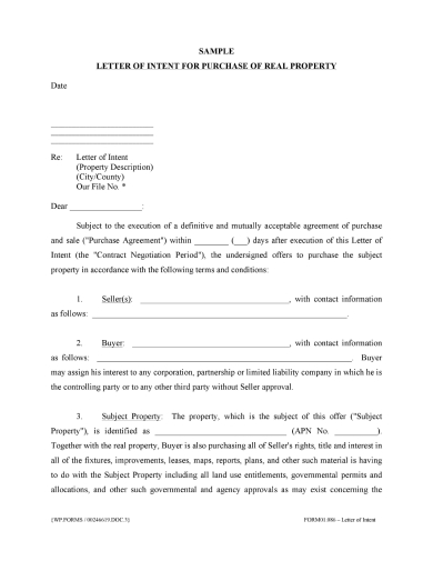 letter of intent for purchase of real property
