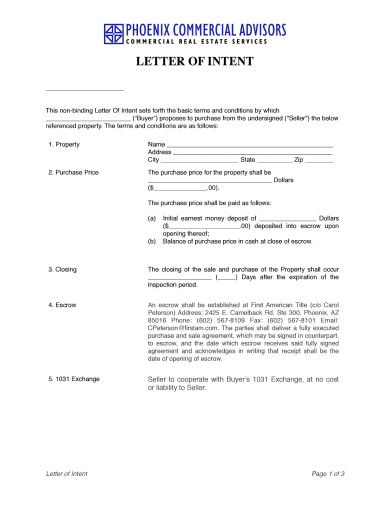 non binding letter of intent to purchase land