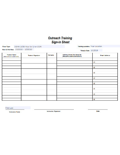 outreach training sign in sheet eexample
