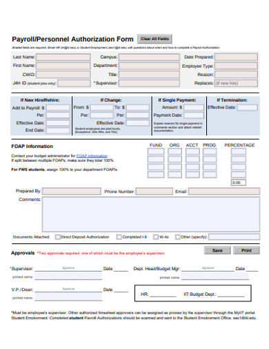 payroll personal authorization form