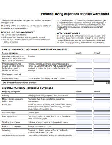 personal living expenses concise worksheet