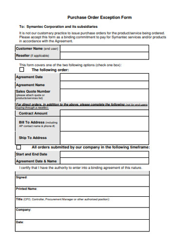 purchase order exception form 