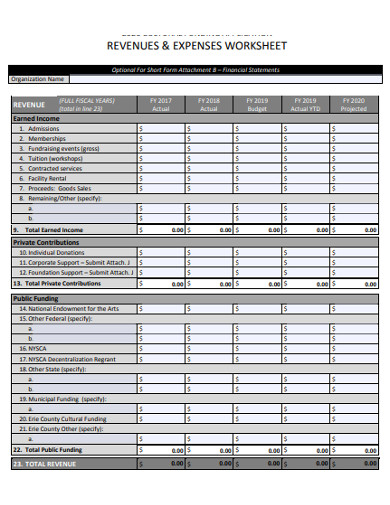 revenus and expenses worksheet examples