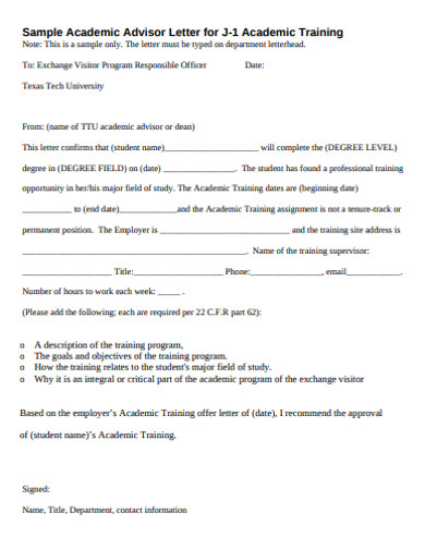 sample academic advisor training letter