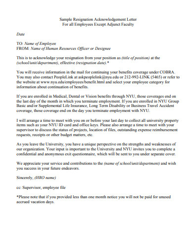 sample resignation acknowledgement letter