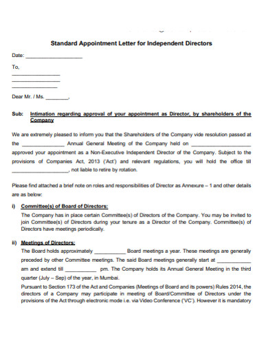standard indipendent appointment letter