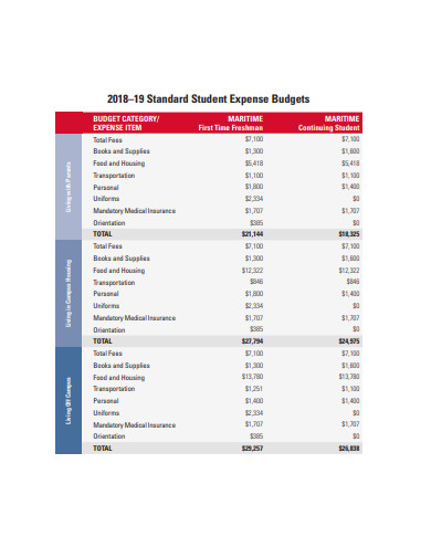 standard student expense budget