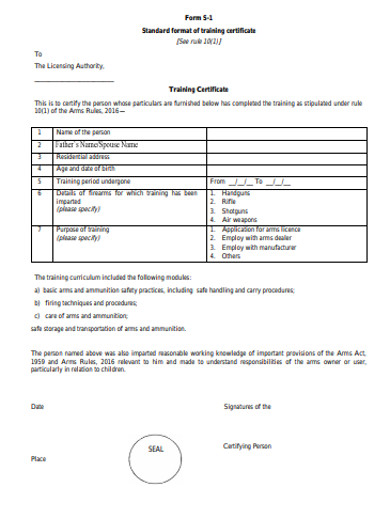 Standard Training Certificate Example