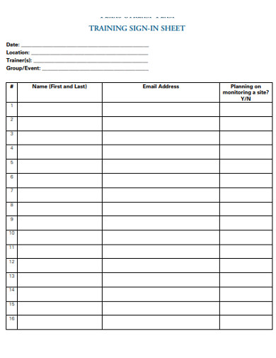 standard training sign in sheet example