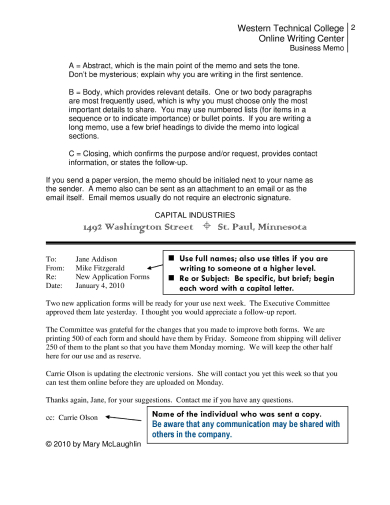 technical college business memo format
