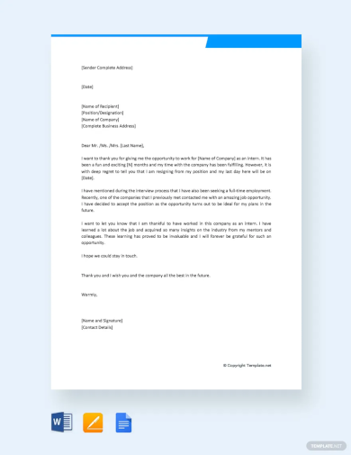 training internship resignation letter template