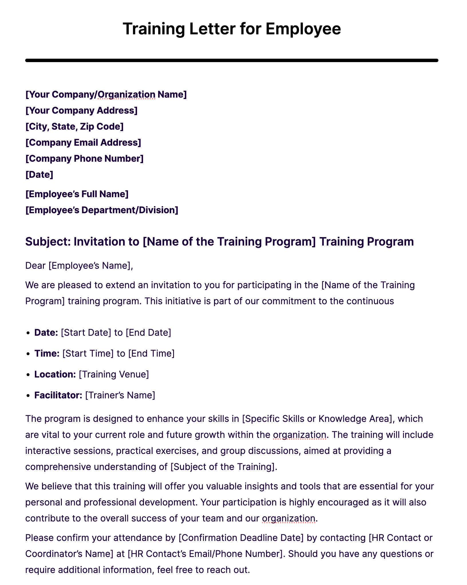 Training Letter for Employee