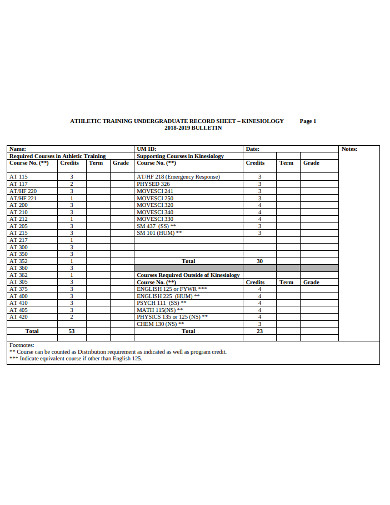training undergraduate record sheet