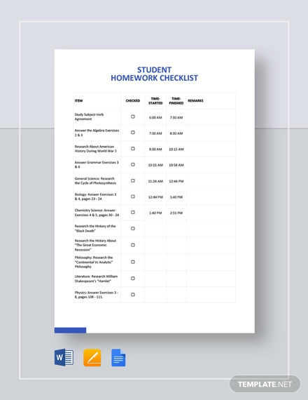 Blank Student Checklist Template