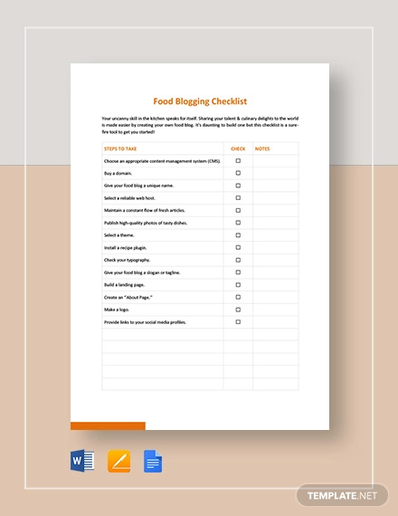 food blogging checklist template