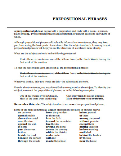 prepositional phrase examples