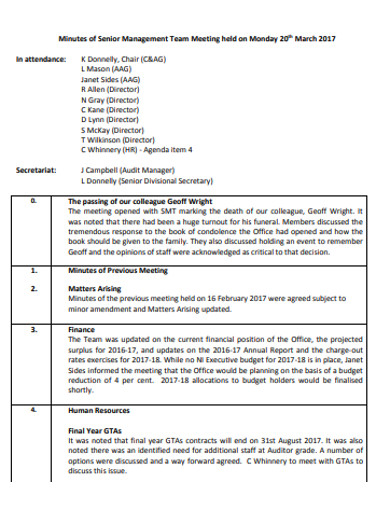 Senior Management Team Meeting minutes Example