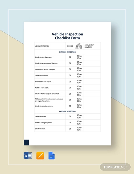 Vehicle Inspection Checklist Form Template