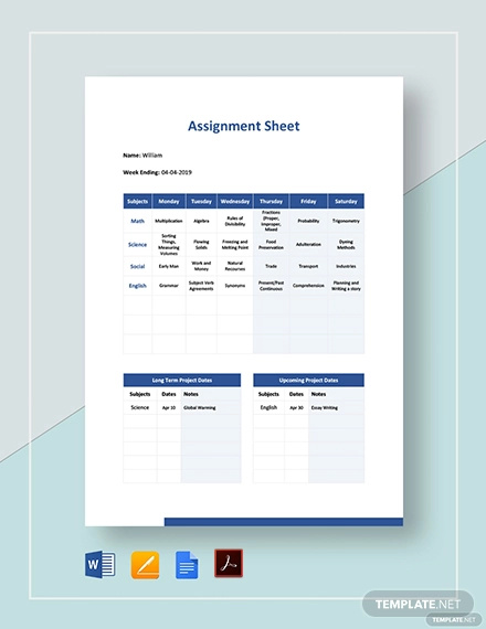 assignment sheet template