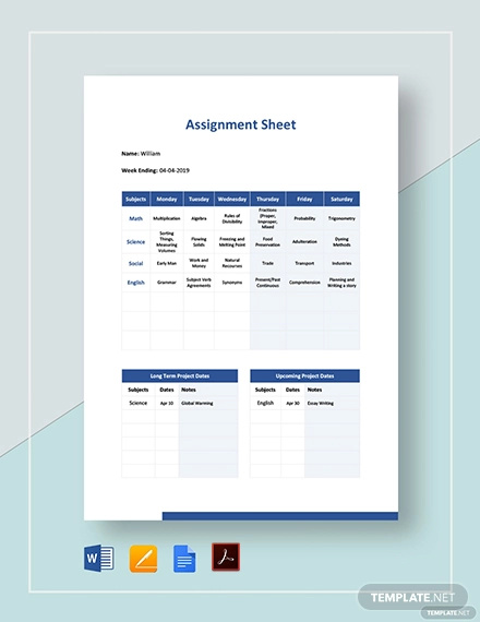 Assignment Sheet - 12+ Examples, Format, Pdf | Examples