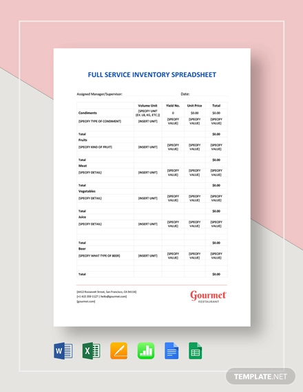 full service restaurant inventory spreadsheet template